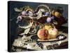 Peaches and Plums in a Wicker Basket, Peaches on a Silver Dish and Narcissi on Stone Plinths-Christian Berentz-Stretched Canvas