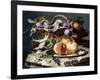 Peaches and Plums in a Wicker Basket, Peaches on a Silver Dish and Narcissi on Stone Plinths-Christian Berentz-Framed Giclee Print