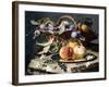 Peaches and Plums in a Wicker Basket, Peaches on a Silver Dish and Narcissi on Stone Plinths-Christian Berentz-Framed Giclee Print