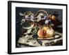 Peaches and Plums in a Wicker Basket, Peaches on a Silver Dish and Narcissi on Stone Plinths-Christian Berentz-Framed Giclee Print