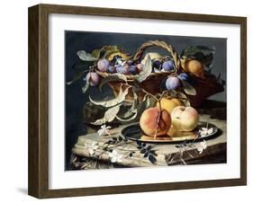 Peaches and Plums in a Wicker Basket, Peaches on a Silver Dish and Narcissi on Stone Plinths-Christian Berentz-Framed Giclee Print