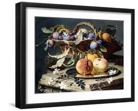 Peaches and Plums in a Wicker Basket, Peaches on a Silver Dish and Narcissi on Stone Plinths-Christian Berentz-Framed Giclee Print