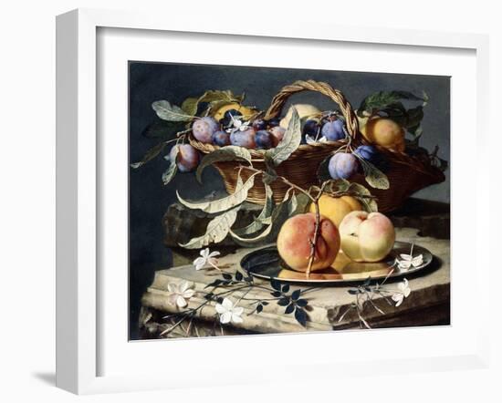 Peaches and Plums in a Wicker Basket, Peaches on a Silver Dish and Narcissi on Stone Plinths-Christian Berentz-Framed Giclee Print