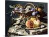 Peaches and Plums in a Wicker Basket, Peaches on a Silver Dish and Narcissi on Stone Plinths-Christian Berentz-Stretched Canvas