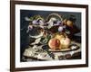 Peaches and Plums in a Wicker Basket, Peaches on a Silver Dish and Narcissi on Stone Plinths-Christian Berentz-Framed Giclee Print