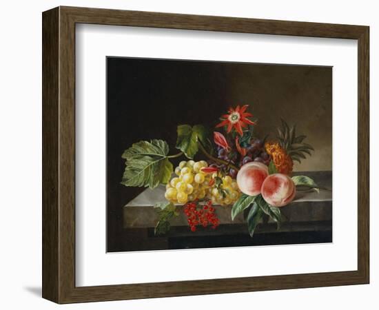 Peaches, Grapes, a Pineapple, Redcurrants and a Passion Flower in a Vase on a Ledge-Anna Plenge-Framed Giclee Print