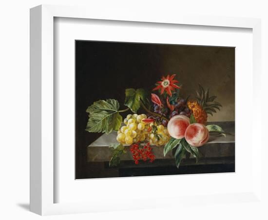 Peaches, Grapes, a Pineapple, Redcurrants and a Passion Flower in a Vase on a Ledge-Anna Plenge-Framed Giclee Print
