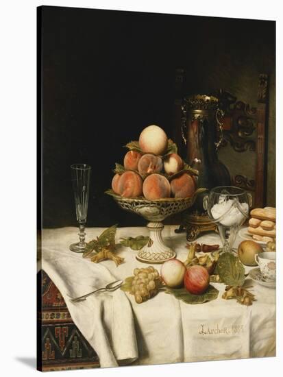 Peaches in a Dresden Tazza, Grapes, Apples, Hazelnuts and Biscuits on a Draped Table-Jules Larcher-Stretched Canvas