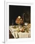 Peaches in a Dresden Tazza, Grapes, Apples, Hazelnuts and Biscuits on a Draped Table-Jules Larcher-Framed Giclee Print