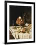 Peaches in a Dresden Tazza, Grapes, Apples, Hazelnuts and Biscuits on a Draped Table-Jules Larcher-Framed Giclee Print