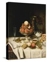 Peaches in a Dresden Tazza, Grapes, Apples, Hazelnuts and Biscuits on a Draped Table-Jules Larcher-Stretched Canvas