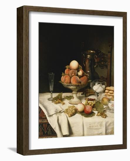 Peaches in a Dresden Tazza, Grapes, Apples, Hazelnuts and Biscuits on a Draped Table-Jules Larcher-Framed Giclee Print