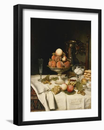 Peaches in a Dresden Tazza, Grapes, Apples, Hazelnuts and Biscuits on a Draped Table-Jules Larcher-Framed Giclee Print