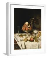 Peaches in a Dresden Tazza, Grapes, Apples, Hazelnuts and Biscuits on a Draped Table-Jules Larcher-Framed Giclee Print