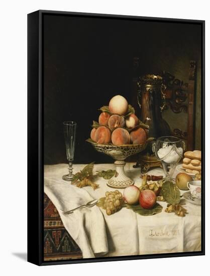 Peaches in a Dresden Tazza, Grapes, Apples, Hazelnuts and Biscuits on a Draped Table-Jules Larcher-Framed Stretched Canvas