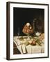 Peaches in a Dresden Tazza, Grapes, Apples, Hazelnuts and Biscuits on a Draped Table-Jules Larcher-Framed Giclee Print