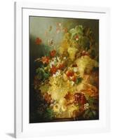 Peaches, Melons and Grapes with Sweet Peas and Poppies on a Stone Ledge-Jan Waarden-Framed Giclee Print