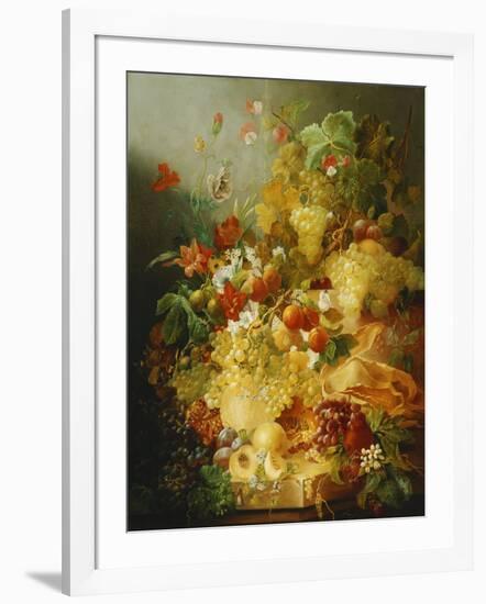 Peaches, Melons and Grapes with Sweet Peas and Poppies on a Stone Ledge-Jan Waarden-Framed Giclee Print