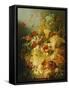 Peaches, Melons and Grapes with Sweet Peas and Poppies on a Stone Ledge-Jan Waarden-Framed Stretched Canvas