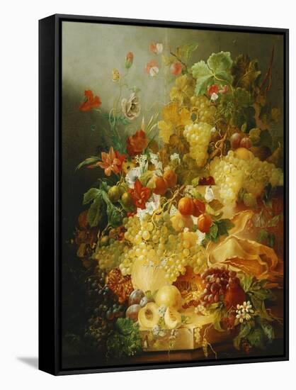 Peaches, Melons and Grapes with Sweet Peas and Poppies on a Stone Ledge-Jan Waarden-Framed Stretched Canvas