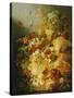 Peaches, Melons and Grapes with Sweet Peas and Poppies on a Stone Ledge-Jan Waarden-Stretched Canvas