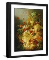 Peaches, Melons and Grapes with Sweet Peas and Poppies on a Stone Ledge-Jan Waarden-Framed Giclee Print