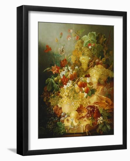 Peaches, Melons and Grapes with Sweet Peas and Poppies on a Stone Ledge-Jan Waarden-Framed Giclee Print