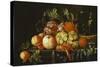 Peaches, Oranges, Grapes and Langoustines on a Pewter Plate and a Conical Roemer on a Box on a…-Cornelis De Heem-Stretched Canvas