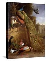 Peacock and a Peahen on a Plinth, with Ducks and Other Birds in a Park-Melchior de Hondecoeter-Stretched Canvas