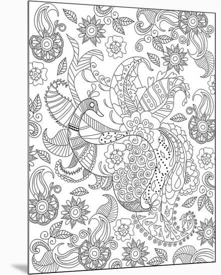 Peacock And Flowers Coloring Art-null-Mounted Coloring Poster