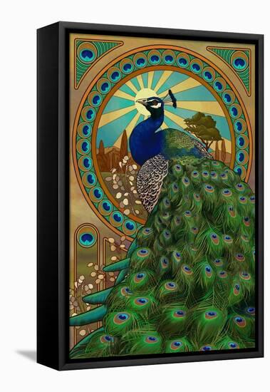 Peacock - Art Nouveau-Lantern Press-Framed Stretched Canvas