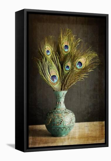 Peacock Feathers in Blue Vase-Tom Quartermaine-Framed Stretched Canvas