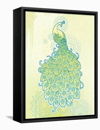 Peacock with Tail Feathers in Front of Detailed Background-artplay-Framed Stretched Canvas