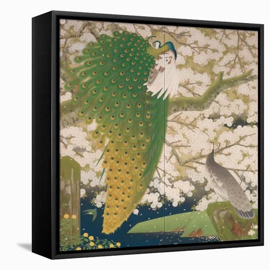 Peacocks and Cherry Tree, c.1925-Japanese School-Framed Stretched Canvas