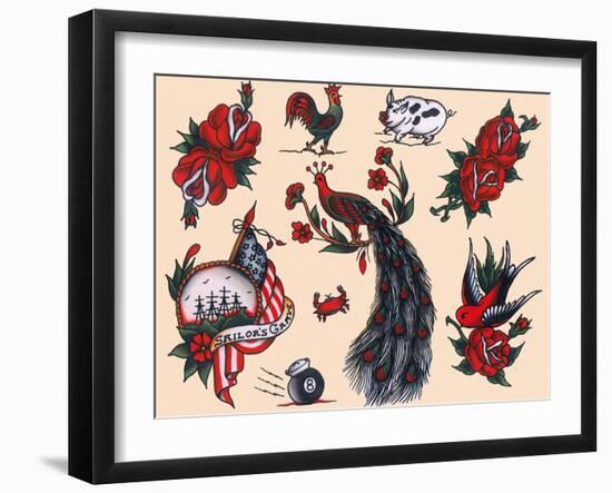 Peacocks, Roses & Roosters: Vintage Sailor and California Biker Tatooo Flash-Piddix-Framed Art Print