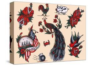 Peacocks, Roses & Roosters: Vintage Sailor and California Biker Tatooo Flash-Piddix-Stretched Canvas