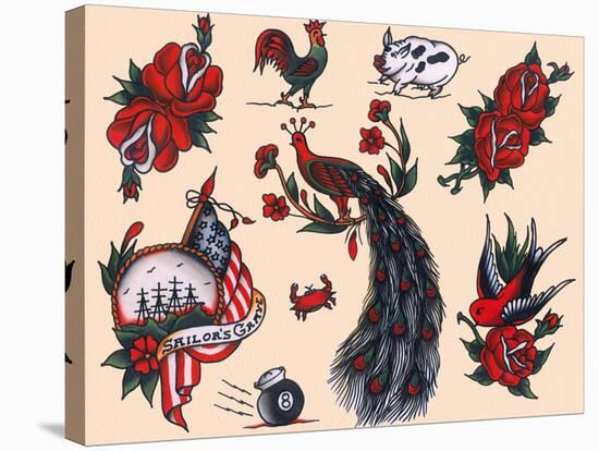 Peacocks, Roses & Roosters: Vintage Sailor and California Biker Tatooo Flash-Piddix-Stretched Canvas