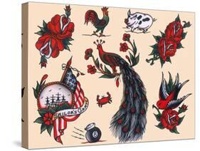 Peacocks, Roses & Roosters: Vintage Sailor and California Biker Tatooo Flash-Piddix-Stretched Canvas