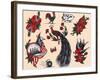 Peacocks, Roses & Roosters: Vintage Sailor and California Biker Tatooo Flash-Piddix-Framed Art Print