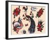 Peacocks, Roses & Roosters: Vintage Sailor and California Biker Tatooo Flash-Piddix-Framed Art Print