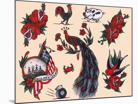 Peacocks, Roses & Roosters: Vintage Sailor and California Biker Tatooo Flash-Piddix-Mounted Art Print