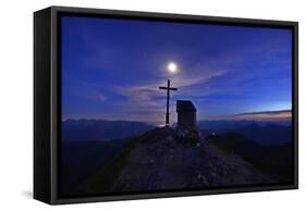 Peak Cross and Chapel at Geigelstein Mountain, Dusk with Full Moon-Stefan Sassenrath-Framed Stretched Canvas