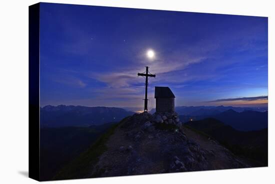 Peak Cross and Chapel at Geigelstein Mountain, Dusk with Full Moon-Stefan Sassenrath-Stretched Canvas