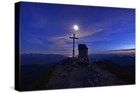 Peak Cross and Chapel at Geigelstein Mountain, Dusk with Full Moon-Stefan Sassenrath-Stretched Canvas