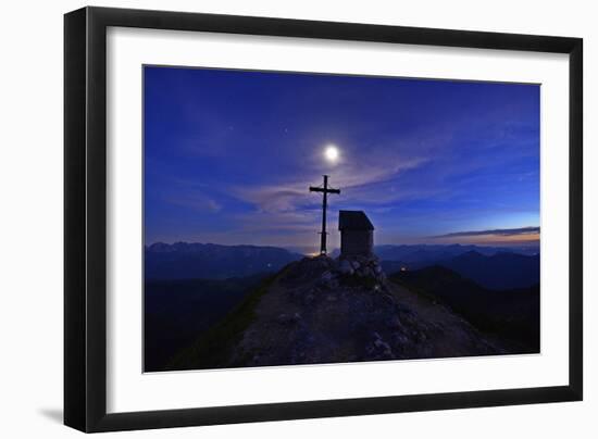 Peak Cross and Chapel at Geigelstein Mountain, Dusk with Full Moon-Stefan Sassenrath-Framed Photographic Print