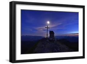 Peak Cross and Chapel at Geigelstein Mountain, Dusk with Full Moon-Stefan Sassenrath-Framed Photographic Print