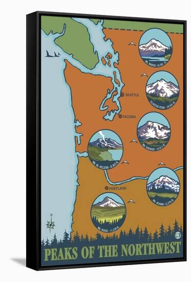 Peaks of the Northwest, 5 Different Mountains-Lantern Press-Framed Stretched Canvas