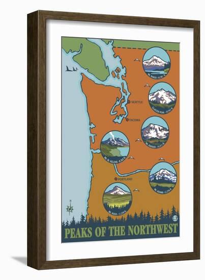 Peaks of the Northwest, 5 Different Mountains-Lantern Press-Framed Art Print