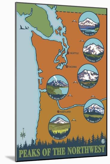 Peaks of the Northwest, 5 Different Mountains-Lantern Press-Mounted Art Print