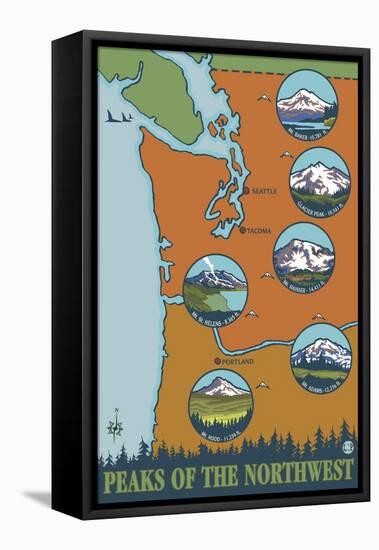 Peaks of the Northwest, 5 Different Mountains-Lantern Press-Framed Stretched Canvas